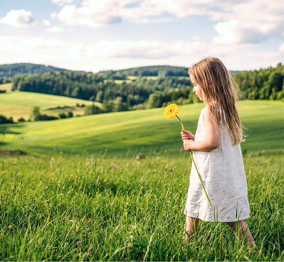 草原で花を大切そうに持つ女の子